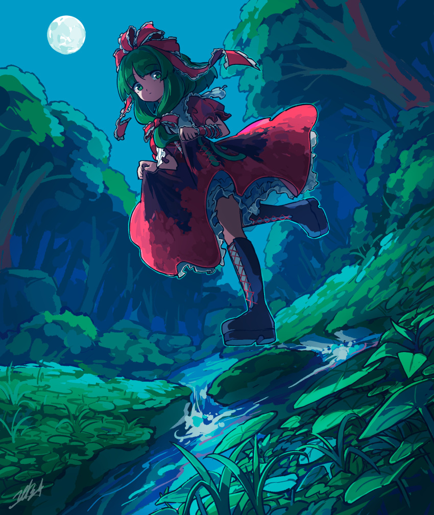 1girl black_footwear bow commission doggo_1d34 dress frilled_bow frilled_dress frilled_ribbon frills front_ponytail full_body full_moon green_eyes green_hair hair_ribbon highres kagiyama_hina lifted_by_self looking_at_viewer making-of_available moon night night_sky outdoors puffy_short_sleeves puffy_sleeves red_bow red_dress red_ribbon ribbon river short_sleeves skeb_commission sky solo touhou