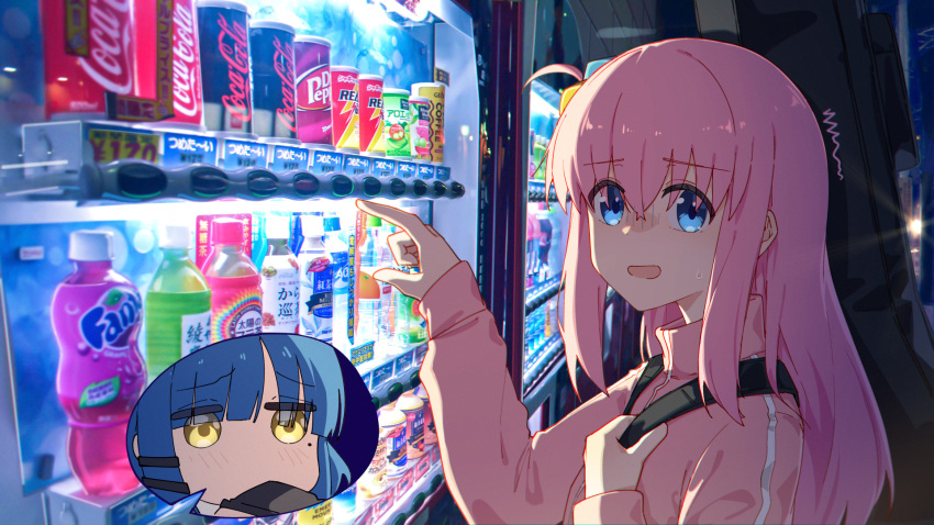 2girls blue_eyes blue_hair blush bocchi_the_rock! bottle can coca-cola cube_hair_ornament dr_pepper fanta gotoh_hitori hair_between_eyes hair_ornament highres instrument_case jacket jl_tan long_hair long_sleeves mole mole_under_eye multiple_girls one_side_up open_mouth pink_hair pink_jacket pointing short_hair soda_can track_jacket vending_machine yamada_ryo yellow_eyes