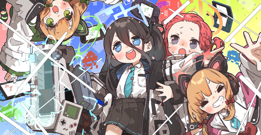 4girls @_@ absurdly_long_hair absurdres amonitto animal_ear_headphones animal_ears aris_(blue_archive) black_hair black_skirt blonde_hair blue_archive blue_eyes blue_necktie cat_tail closed_eyes collared_shirt commentary_request fake_animal_ears game_boy game_development_department_(blue_archive) green_eyes grin handheld_game_console headphones highres jacket long_hair long_sleeves midori_(blue_archive) momoi_(blue_archive) multiple_girls necktie nintendo_3ds nintendo_switch open_clothes open_jacket open_mouth playstation_portable pleated_skirt redhead shirt short_hair siblings sisters skirt smile tail twins two-sided_fabric two-sided_jacket very_long_hair violet_eyes white_shirt yuzu_(blue_archive)