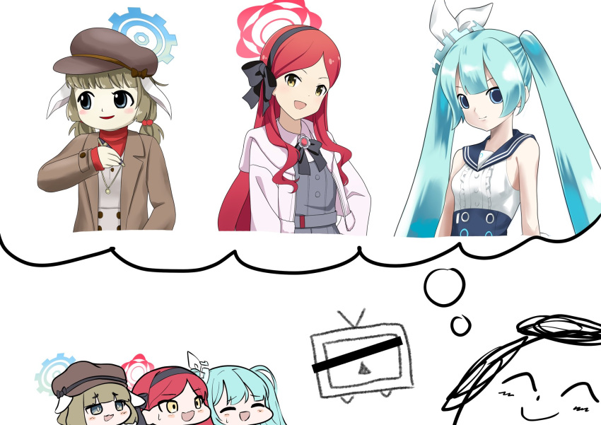 1boy 3girls ^_^ animal_ears aqua_hair arona's_sensei_doodle_(blue_archive) black_eyes black_hairband blue_archive blue_eyes blue_sailor_collar bow brown_hair brown_jacket cabbie_hat cal_minutes center_frills check_commentary chibi closed_eyes commentary_request cropped_torso dress frills grey_dress hair_bobbles hair_bow hair_ornament hairband halo hat hatsune_miku highres holding holding_pen idolmaster imagining jacket kei_(keigarou)_(style) long_hair long_sleeves lop_rabbit_ears low_twintails multiple_girls multiple_style_parody niconico official_style open_clothes open_jacket parody parted_bangs pen pink_jacket rabbit_ears red_brooch red_shirt redhead sailor_collar sensei_(blue_archive) shirt short_twintails sidelocks simple_background sleeveless sleeveless_dress smile style_parody sweatdrop takane_(blue_archive) terebi-chan touhou turtleneck twintails vocaloid vocaloid_boxart_pose wavy_hair white_background white_bow yakumo_(blue_archive) yellow_eyes zun_(style)