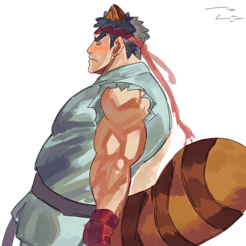 1boy animal_ears black_hair blush closed_eyes commentary dougi ear_blush echiechitakashi fingerless_gloves forked_eyebrows from_behind gloves headband highres male_focus martial_arts_belt muscular muscular_male raccoon_ears raccoon_tail red_gloves red_headband ryu_(street_fighter) short_hair signature solo street_fighter super_leaf_(transformation) super_smash_bros. tail thick_eyebrows white_background