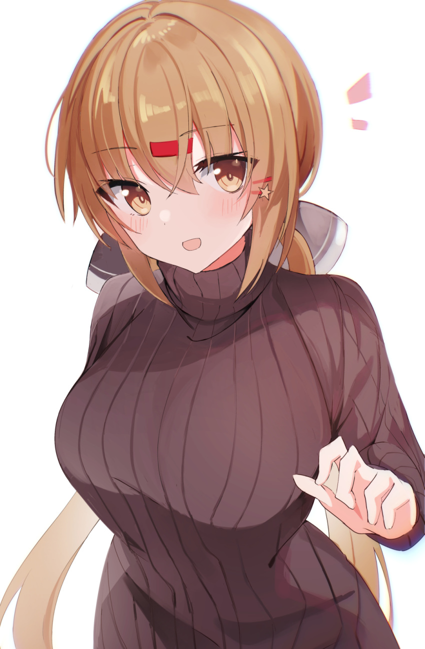 1girl alternate_costume black_bow black_sweater blush bow breasts brown_eyes brown_hair fathom hair_between_eyes hair_bow hair_ornament hairclip highres kantai_collection large_breasts long_hair long_sleeves looking_at_viewer low_twintails open_mouth ribbed_sweater simple_background smile solo sweater tashkent_(kancolle) turtleneck turtleneck_sweater twintails upper_body white_background