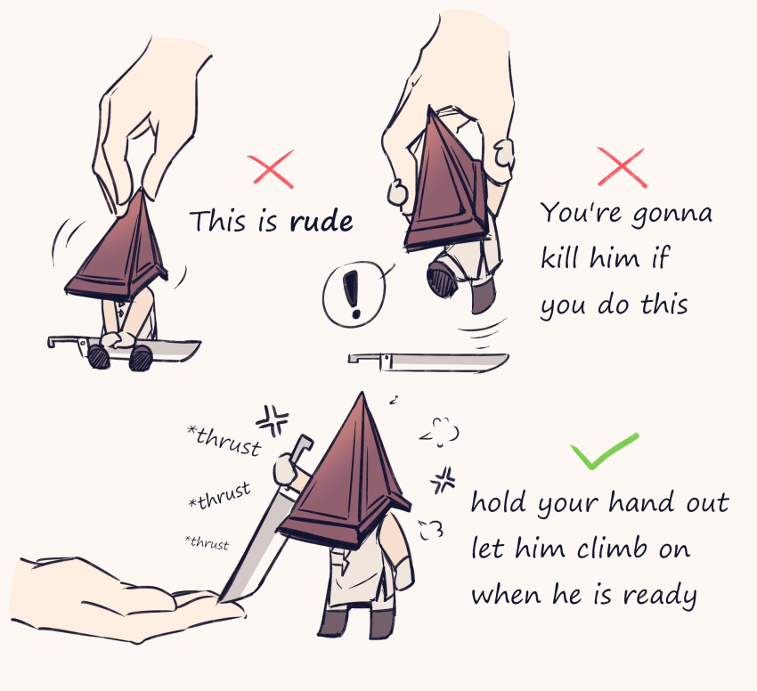 ! 1boy boots chibi edith_lanzhen english_text gloves helmet highres holding holding_sword holding_weapon how_to_hold_x_(meme) male_focus meme pants pyramid_head silent_hill_(series) silent_hill_2 sword weapon white_gloves white_pants