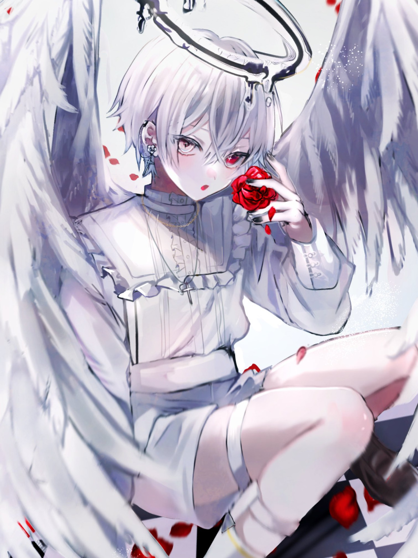 1boy angel angel_day angel_wings black_nails cross cross_necklace earrings eru_xxx flower halo heterochromia highres jewelry male_focus necklace open_mouth original red_eyes red_flower red_rose rose shorts solo thigh_strap white_eyes white_hair white_shorts white_wings wings