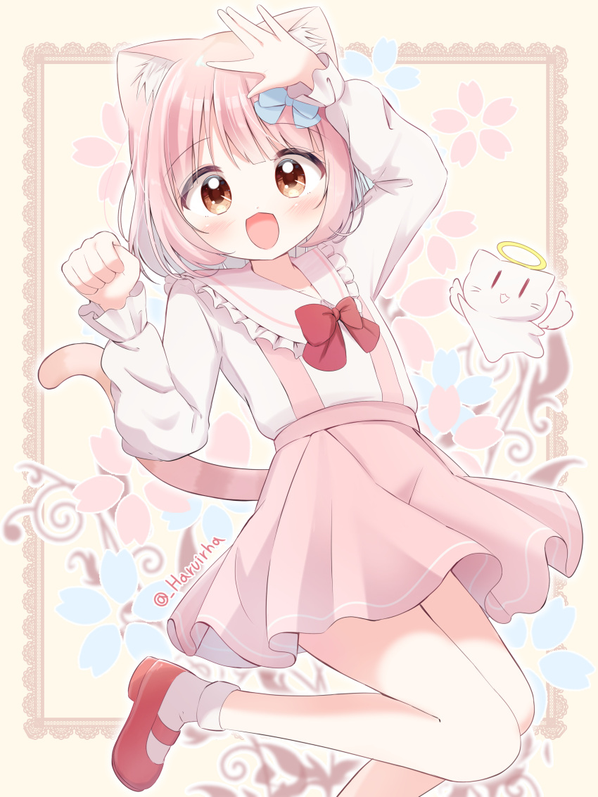 1girl absurdres animal_ear_fluff animal_ears blue_bow bow brown_eyes cat cat_ears cat_tail frilled_shirt_collar frills full_body halo haruiroha highres leg_lift long_sleeves looking_at_viewer open_mouth original paw_pose petals pink_hair puffy_long_sleeves puffy_sleeves red_bow red_footwear shirt short_hair simple_background skirt suspender_skirt suspenders tail waving white_shirt