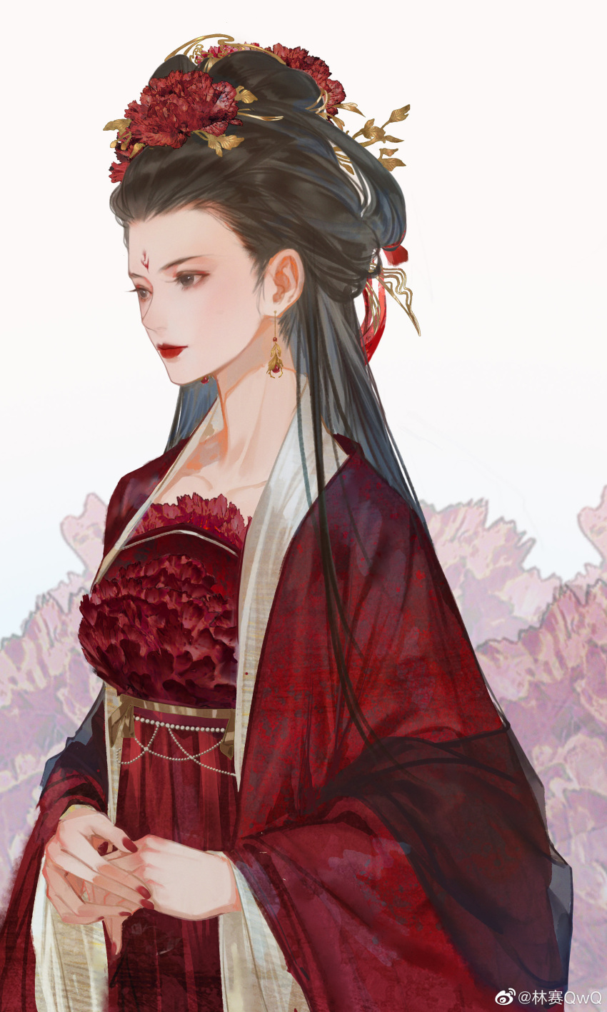1girl absurdres black_shawl brown_hair character_request chinese_clothes collarbone copyright_request dangle_earrings double_bun dress earrings eyelashes eyeshadow facial_mark floral_background floral_print flower forehead_mark hair_bun hair_flower hair_ornament highres jacket jewelry leaf leaf_on_head linsai_qwq lipstick long_hair long_sleeves makeup nail_polish open_clothes open_jacket own_hands_together red_dress red_eyeshadow red_flower red_jacket red_lips red_nails shawl solo upper_body weibo_logo weibo_username white_background white_trim wide_sleeves