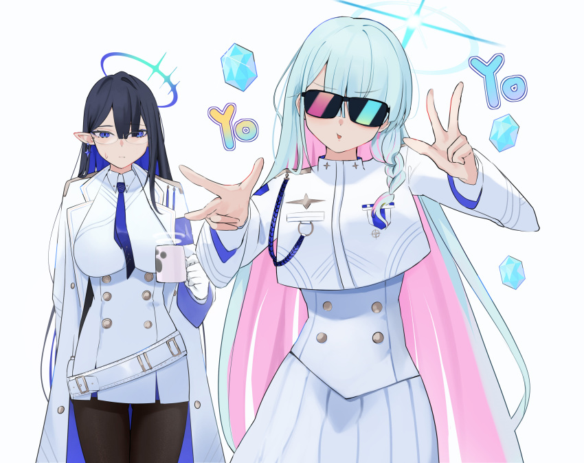 2girls absurdres black_hair black_pantyhose blue-tinted_eyewear blue_archive blue_hair braid breasts coat coffee_mug colored_inner_hair cup dress earrings general_student_council_president_(blue_archive) glasses halo highres jewelry large_breasts long_hair mug multicolored_hair multiple_girls pantyhose pink-tinted_eyewear pink_hair pointy_ears rapping rin_(blue_archive) san_(harutuki_3) side_braid single_earring sunglasses tinted_eyewear white_background white_coat white_dress