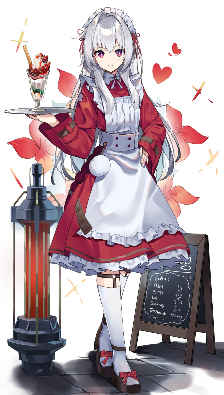 1girl absurdres alternate_costume apron bow bowtie brown_footwear clara_(honkai:_star_rail) collared_dress commentary crossed_legs cup dress drinking_glass english_commentary enmaided floral_background footwear_bow frilled_apron frills full_body hair_intakes hair_ribbon hand_on_own_hip highres holding holding_tray honkai:_star_rail honkai_(series) indonesian_text kneehighs long_hair long_sleeves maid maid_apron maid_headdress menu_board red_dress red_eyes ribbon shiroi_ou smile socks solo standing tray watson_cross white_bow white_bowtie white_hair white_socks wide_sleeves