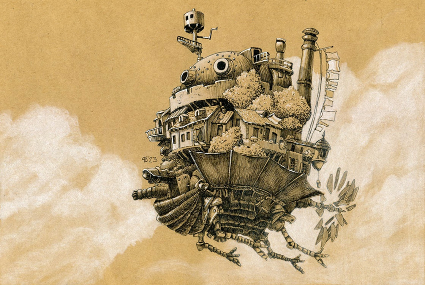 2023 bush clouds cloudy_sky dariapnevaillustration derivative_work flag flying house howl_no_ugoku_shiro limited_palette mechanic mechanical_arms mechanical_wings mechanism no_humans object_focus signature sky studio_ghibli_(style) wings