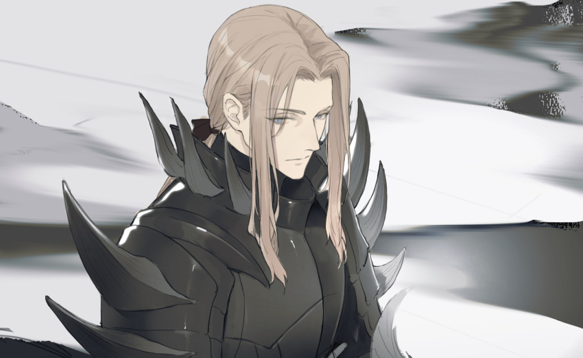 1boy abstract_background armor black_armor blonde_hair blue_eyes cha_(fvaw7353) closed_mouth expressionless fire_emblem fire_emblem:_three_houses highres jeritza_von_hrym long_hair looking_at_viewer low_ponytail male_focus parted_bangs shoulder_spikes sidelocks solo spikes upper_body white_background
