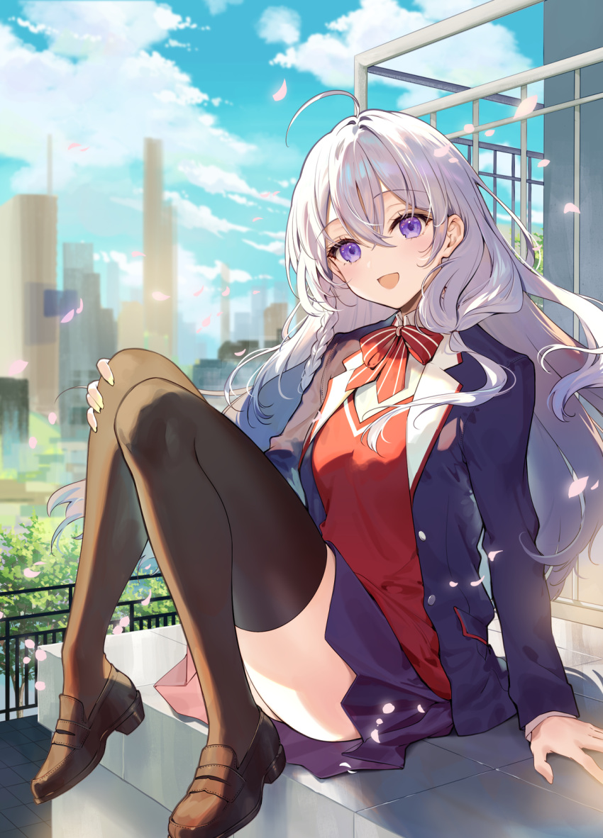 1girl ahoge black_thighhighs blazer blue_sky bow bowtie braid brown_footwear building clouds cloudy_sky collared_jacket cover cover_image crossed_bangs day elaina_(majo_no_tabitabi) floating_hair grey_hair hair_between_eyes highres jacket loafers long_hair long_sleeves looking_at_viewer majo_no_tabitabi majo_no_tabitabi:_gakuen necomi novel_illustration official_art open_clothes open_jacket open_mouth outdoors petals school_uniform shoes sitting skirt sky smile solo striped striped_bow striped_bowtie thigh-highs thighs violet_eyes zettai_ryouiki