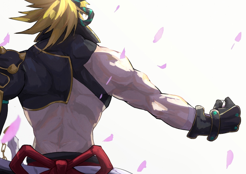 1boy black_gloves blonde_hair chain clenched_hand facing_away fate/grand_order fate_(series) fingerless_gloves gloves haruakira igote male_focus muscular muscular_male outstretched_arm petals sakata_kintoki_(fate) sakata_kintoki_(heian_warrior_attire)_(fate) short_hair simple_background solo upper_body white_background