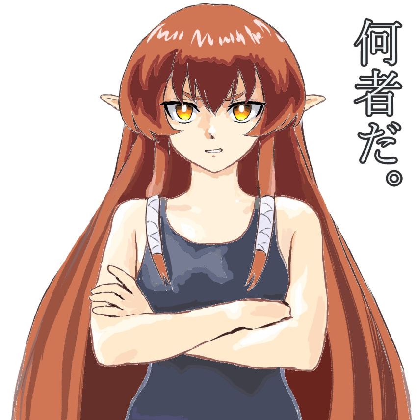 1girl bare_arms bare_shoulders blue_one-piece_swimsuit breasts bright_pupils crossed_arms helck long_hair medium_breasts mizumori_keiichi one-piece_swimsuit orange_hair pointy_ears sidelocks simple_background solo straight-on swimsuit v-shaped_eyebrows vermilio_(helck) very_long_hair white_background white_pupils yellow_eyes