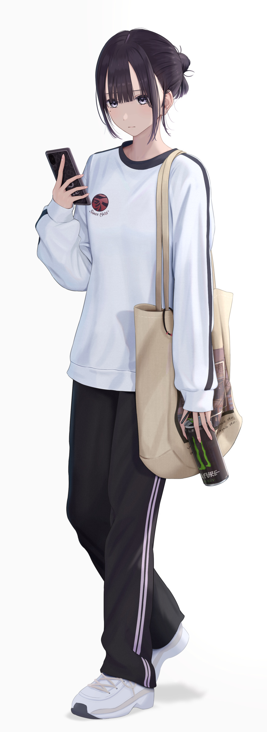 1girl absurdres black_pants blunt_bangs blush brown_hair cellphone closed_mouth drink full_body hair_between_eyes highres holding holding_drink holding_phone inaka_44 long_sleeves mole mole_under_eye original pants phone shirt shoes sidelocks simple_background sneakers solo violet_eyes white_background white_footwear white_shirt