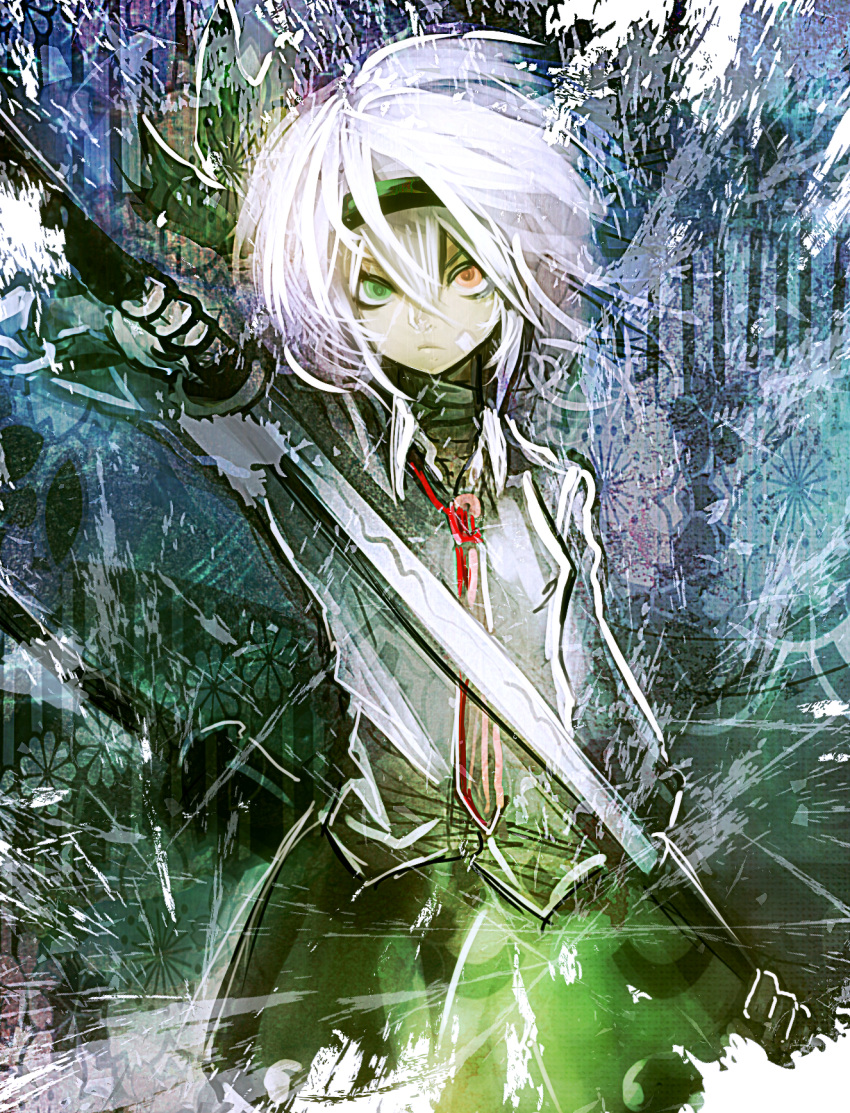 1girl alternate_neckwear black_hairband blue_background closed_mouth collared_shirt commentary_request cowboy_shot denpa_rasaito drawing_sword expressionless flat_chest green_eyes green_skirt hair_between_eyes hairband heterochromia highres holding holding_sword holding_weapon katana konpaku_youmu long_bangs looking_at_viewer necktie no_vest red_eyes red_necktie scabbard sheath shirt short_hair skirt solo sword touhou unsheathing weapon white_hair white_shirt