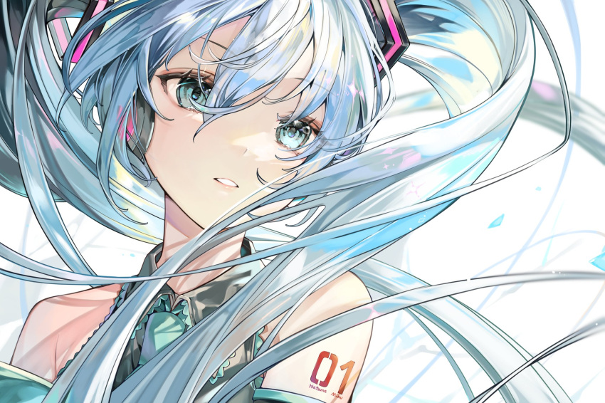 1girl aqua_eyes aqua_necktie armpit_crease bare_shoulders blue_hair close-up collared_shirt detached_sleeves expressionless eyelashes facing_viewer floating_hair grey_shirt hair_between_eyes hatsune_miku head_tilt headset highres light_blue_hair light_particles long_hair looking_afar necktie number_tattoo parted_lips shirt shoulder_tattoo shunka_tunacan sidelighting sidelocks simple_background sleeveless sleeveless_shirt solo straight_hair tattoo tsurime twintails upper_body very_long_hair vocaloid white_background