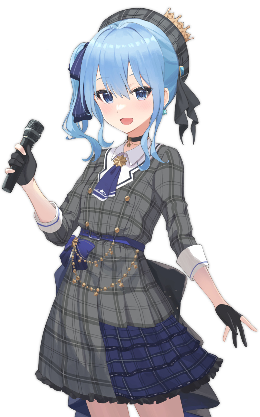 1girl ascot belt beret black_choker black_gloves blue_ascot blue_belt blue_bow blue_eyes blue_hair blue_ribbon bow buttons choker cowboy_shot crown double-breasted dress earrings gloves grey_dress grey_headwear hair_ribbon hat highres holding holding_microphone hololive hoshimachi_suisei hoshimachi_suisei_(1st_costume) jewelry kiukoma microphone open_mouth partially_fingerless_gloves plaid plaid_dress plaid_headwear ribbon solo star_(symbol) star_choker star_earrings star_in_eye symbol_in_eye