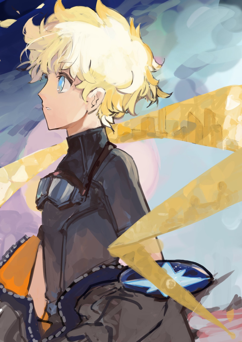 1boy blonde_hair blue_eyes fate/grand_order fate/requiem fate_(series) goggles goggles_around_neck gradient_background highres jacket male_focus open_clothes open_jacket scarf short_hair short_sleeves solo star_(symbol) voyager_(fate) yellow_scarf yorurokujuu zipper