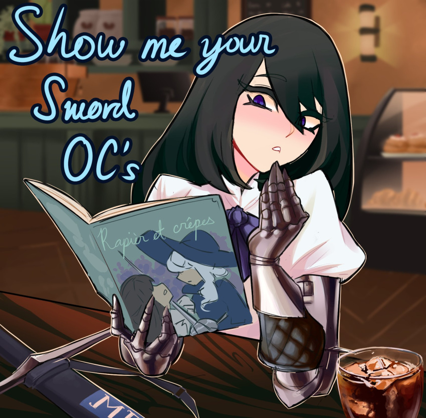 1girl black_hair blue_coat blue_headwear blurry blurry_background blush book bow bowtie brown_hair cafe centurii-chan_(artist) coat drink elbow_on_table english_text food gauntlets hair_between_eyes highres holding holding_book ice ice_cube interior long_hair monitor original purple_bow purple_bowtie rapier sheath sheathed shirt sword table violet_eyes weapon white_headwear white_shirt