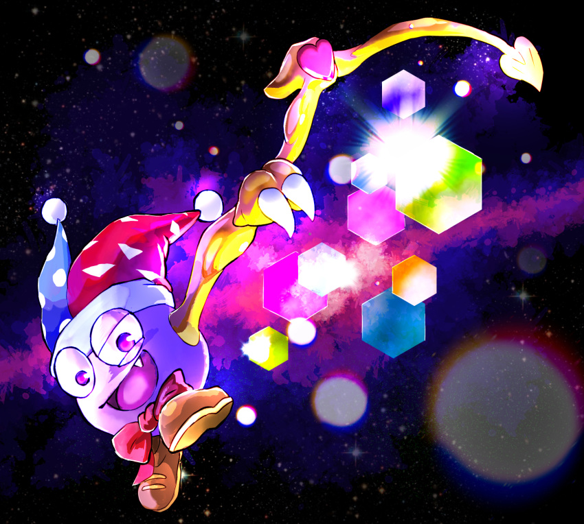 basutaa bow bowtie brown_footwear fang floating hat highres jester_cap kirby_(series) lens_flare marx_(kirby) no_humans open_mouth red_bow red_bowtie solo space two-tone_headwear violet_eyes wings