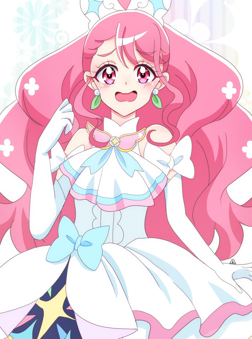 1girl artist_name ascot asymmetrical_bangs big_hair bow brooch commentary cosplay cure_grace cure_prism cure_prism_(cosplay) dress dress_bow earrings elbow_gloves gloves hair_bow hanadera_nodoka healin'_good_precure highres hirogaru_sky!_precure jewelry layered_dress leaf_earrings looking_at_viewer magical_girl medium_dress momotarouooi open_mouth pink_eyes pink_hair precure series_connection signature sleeveless sleeveless_dress smile solo wavy_mouth white_ascot white_bow white_gloves wing_brooch