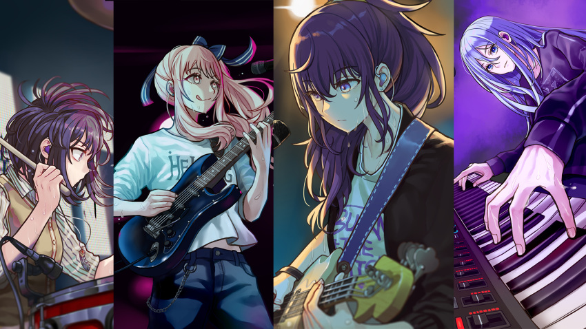 1other 25-ji_nightcord_de._(project_sekai) 3girls akiyama_mizuki androgynous asahina_mafuyu asymmetrical_sleeves band bass_guitar black_background black_jacket blue_background blue_eyes blue_hair blue_pants blue_ribbon brown_eyes brown_hair brown_vest cable chain chaos1402 closed_mouth clothes_writing collared_shirt column_lineup commentary_request cowboy_shot double-parted_bangs drum drum_set drumsticks earpiece electric_guitar fingernails gradient_background grey_background guitar hair_between_eyes hair_over_shoulder hair_ribbon highres holding holding_drumsticks holding_guitar holding_instrument instrument jacket keyboard_(instrument) light_blue_hair long_bangs long_hair long_sleeves looking_ahead looking_at_object looking_to_the_side microphone midriff_peek multiple_girls music open_clothes open_jacket pants partial_commentary pink_eyes pinstripe_pattern pinstripe_shirt playing_instrument pocket ponytail project_sekai purple_background purple_hair purple_jacket ribbon serious shinonome_ena shirt short_hair short_sleeves side_ponytail single_stripe smile strap striped striped_jacket sweat t-shirt tongue tongue_out track_jacket two-tone_ribbon uneven_sleeves upper_body very_sweaty vest violet_eyes white_ribbon white_shirt yellow_background yoisaki_kanade