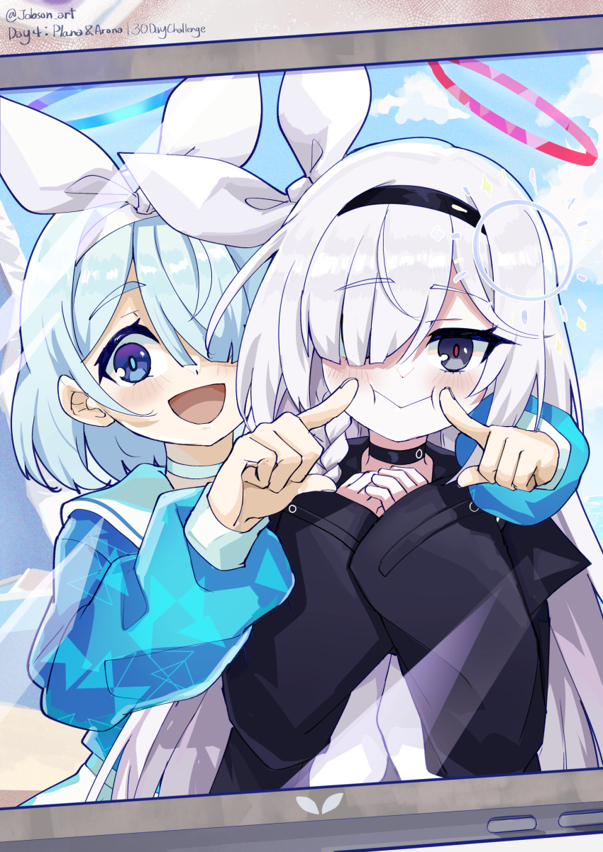 2girls :d arona_(blue_archive) artist_name black_choker black_coat black_eyes black_hairband blue_archive blue_eyes blue_hair blue_halo blue_pupils blue_shirt blush bow_hairband braid choker closed_mouth coat commentary hair_over_one_eye hair_ribbon hairband halo highres light_blue_hair long_hair long_sleeves looking_at_viewer multiple_girls open_mouth own_hands_together plana_(blue_archive) puffy_long_sleeves puffy_sleeves red_halo red_pupils ribbon sailor_collar sailor_shirt shirt short_hair side_braid single_braid sleepyowl_(jobkung15) smile twitter_username white_choker white_hair white_hairband white_ribbon white_sailor_collar