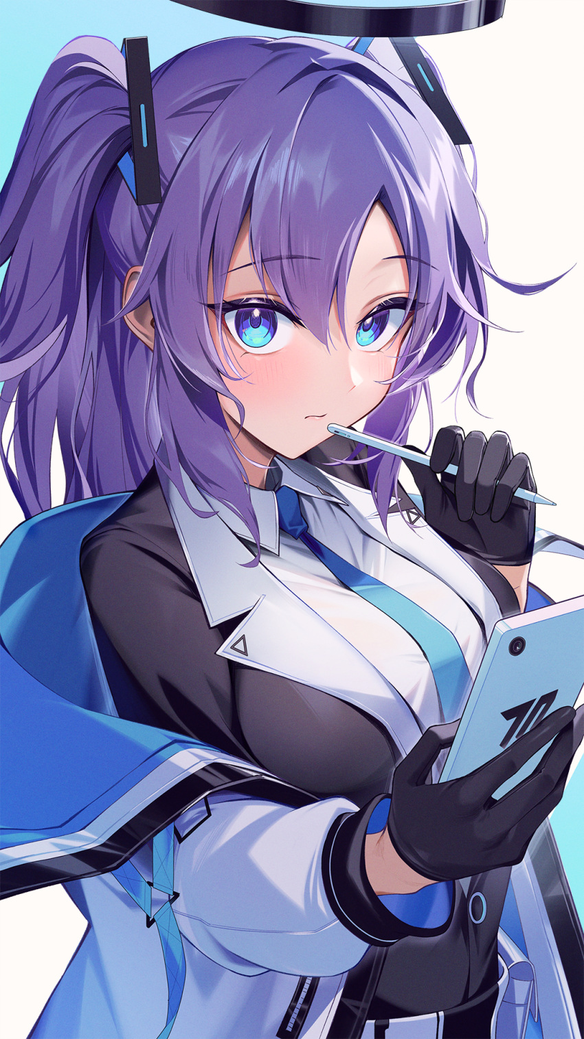 1girl black_gloves blue_archive blue_eyes blue_necktie blush breasts cellphone closed_mouth collared_shirt commentary gloves hair_between_eyes halo highres holding holding_phone jacket kainown large_breasts long_hair long_sleeves looking_at_viewer mechanical_halo multicolored_clothes multicolored_jacket necktie phone purple_hair shirt smartphone solo suit two-tone_jacket two_side_up upper_body white_shirt yuuka_(blue_archive)