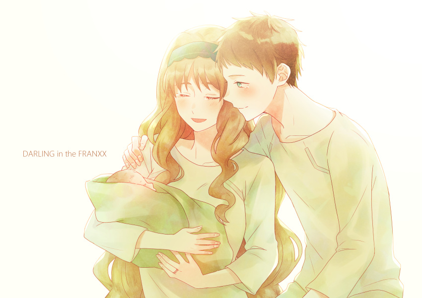 1boy 1girl 1other absurdres baby blue_eyes brown_hair closed_eyes closed_mouth collarbone commentary_request copyright_name couple darling_in_the_franxx facing_another family fingernails green_shirt happy_tears harino_(harin0214) highres holding_baby jewelry kokoro_(darling_in_the_franxx) leaning_on_person long_hair long_sleeves looking_at_another mitsuru_(darling_in_the_franxx) open_mouth partial_commentary ring shirt short_hair simple_background smile t-shirt tears upper_body white_background white_shirt