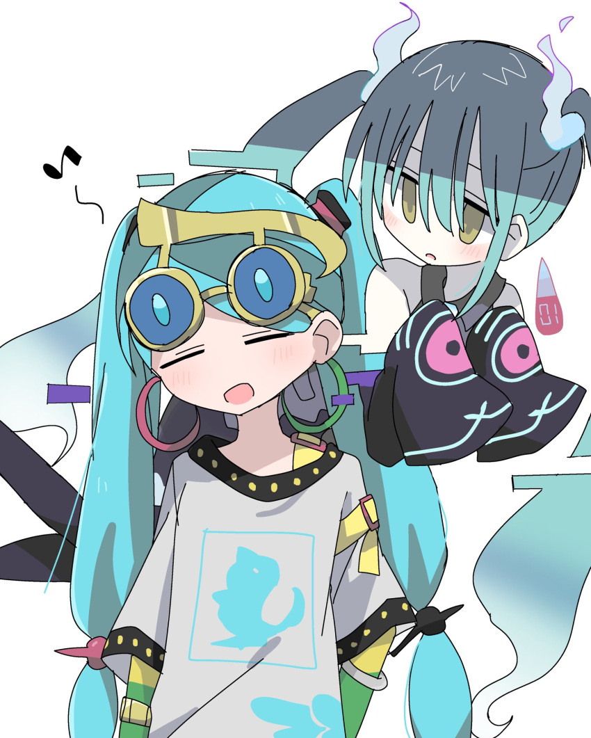 2girls arms_at_sides black_sleeves black_thighhighs blue-tinted_eyewear blue_hair blush closed_eyes detached_arm detached_sleeves earrings eyewear_on_head facing_viewer floating ghost_miku_(project_voltage) glitch gradient_hair green_eyes grey_shirt hair_between_eyes hatsune_miku highres hoop_earrings jewelry long_hair looking_at_another multicolored_hair multiple_girls musical_note normal_miku_(project_voltage) open_mouth pale_skin pokemon print_shirt print_sleeves project_voltage sameno_(dona2oisii) shirt simple_background sleeves_past_fingers sleeves_past_wrists smile sunglasses thigh-highs tinted_eyewear twintails upper_body very_long_hair vocaloid white_background white_hair white_shirt will-o'-the-wisp_(mythology) yellow-framed_eyewear