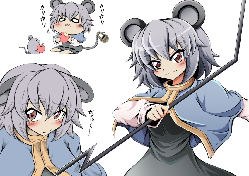 1girl animal_ears barefoot basket brown_eyes chibi collage commentary_request ears_down eating food grey_hair hidefu_kitayan highres holding holding_food looking_at_viewer mouse mouse_ears mouse_girl mouse_tail nazrin short_hair simple_background sitting smile solo tail touhou upper_body white_background wide_oval_eyes