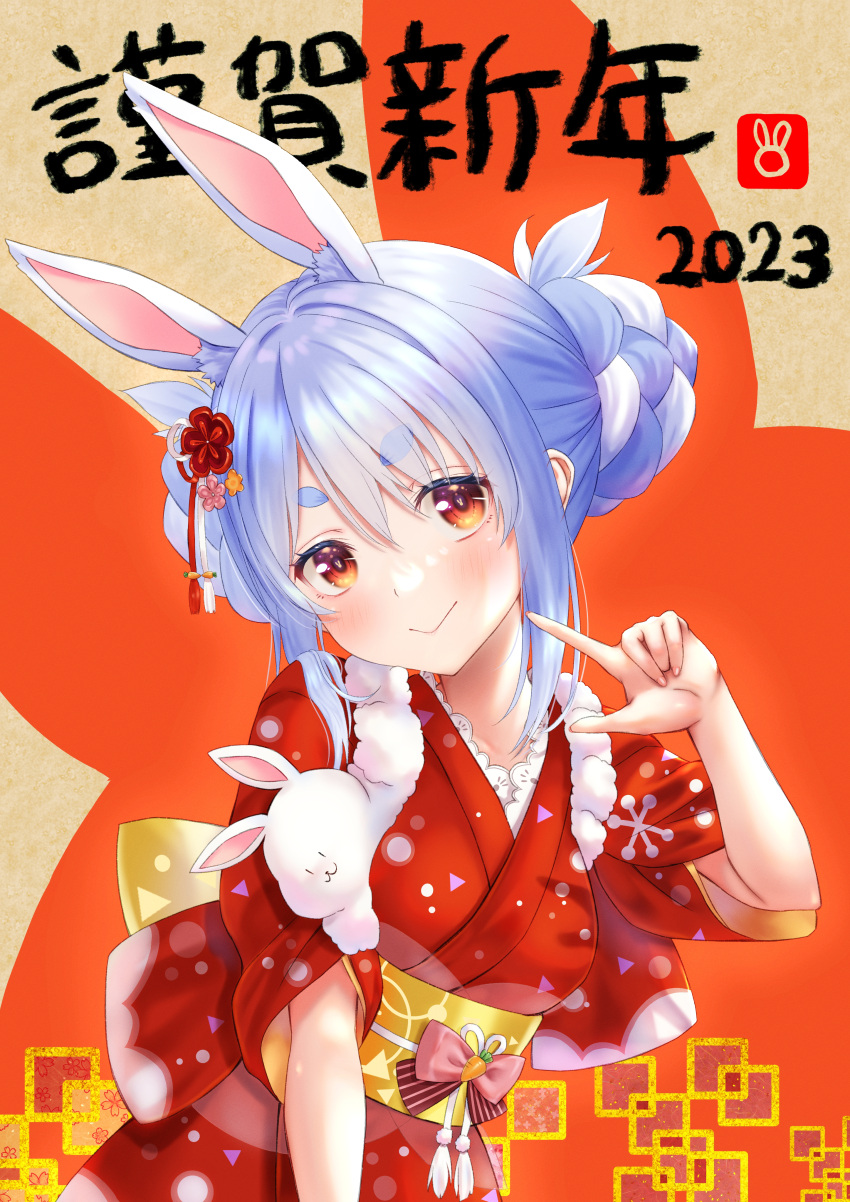 1girl 2023 absurdres animal_ear_fluff animal_ears back_bow blue_hair bow braid braided_bun carrot chinese_zodiac circle don-chan_(usada_pekora) double_bun flower hair_bun hair_flower hair_ornament highres hololive japanese_clothes kimono lace-trimmed_kimono lace_trim mary_is_mine multicolored_hair obi obijime orange_flower pink_flower pointing pointing_at_self rabbit-shaped_pupils rabbit_ears red_flower red_kimono sash short_eyebrows solo streaked_hair symbol-shaped_pupils tasuki triangle usada_pekora usada_pekora_(new_year) virtual_youtuber white_hair year_of_the_rabbit yellow_sash