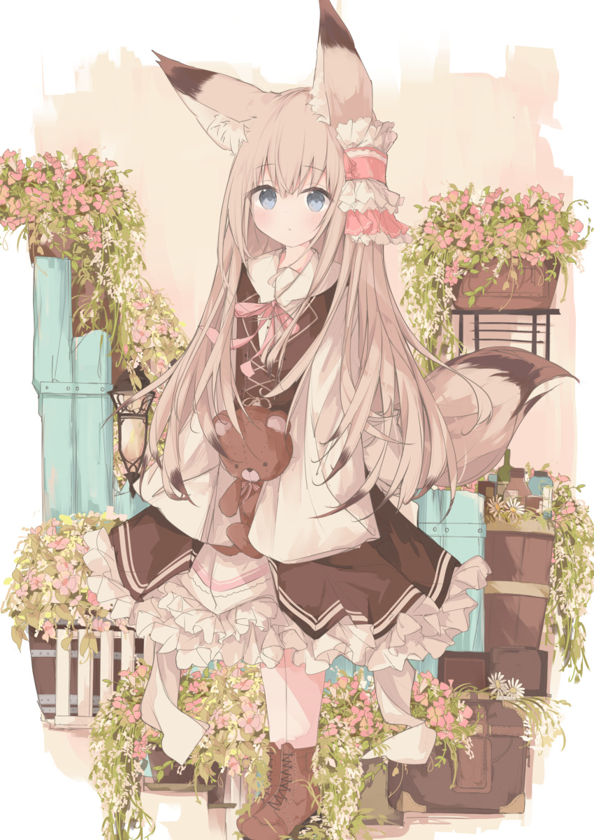 1girl animal_ear_fluff animal_ears black_jacket blue_eyes boots bow brown_footwear brown_hair closed_mouth commentary_request cross-laced_footwear flower fox_ears fox_girl fox_tail frilled_skirt frills hair_between_eyes highres jacket kushida_you lace-up_boots lantern long_sleeves looking_at_viewer original pantyhose pink_bow pink_flower shirt skirt sleeves_past_fingers sleeves_past_wrists solo standing stuffed_animal stuffed_toy tail teddy_bear white_flower white_pantyhose white_shirt white_skirt wide_sleeves