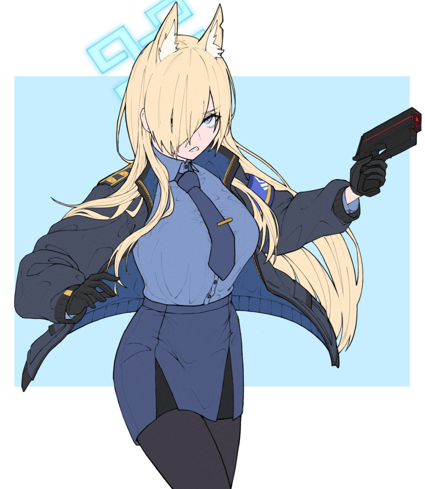 1girl animal_ear_fluff animal_ears armband black_gloves blonde_hair blue_archive blue_armband blue_halo blue_necktie blue_shirt breasts dog_ears extra_ears gloves gun hair_over_one_eye halo handgun highres holding holding_gun holding_weapon izumo_(ton_63) jacket kanna_(blue_archive) large_breasts long_hair long_sleeves looking_at_viewer necktie notched_ear police police_uniform policewoman sharp_teeth shirt simple_background solo teeth tie_clip uniform weapon