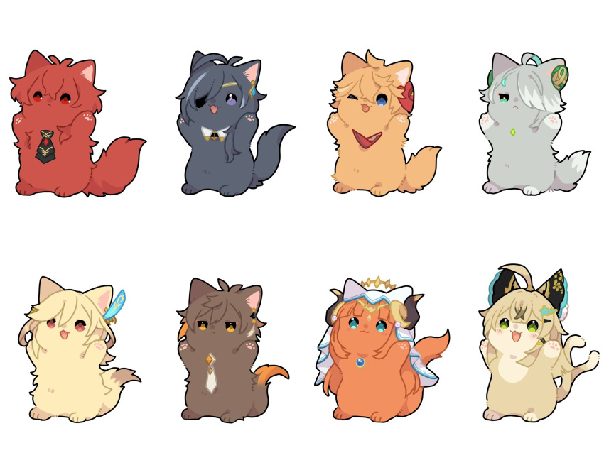 2girls 6+boys ahoge alhaitham_(genshin_impact) animal animal_ears animal_nose animalization antenna_hair aqua_eyes arms_up black_bow black_necktie blonde_hair blue_eyes blue_fur blue_gemstone blue_hair bow brown_fur brown_hair cat cat_ears cat_tail circlet closed_mouth crossed_bangs crystal detached_collar diluc_(genshin_impact) earrings eyepatch fake_horns feather_hair_ornament feathers floral_print gem genshin_impact gold_trim gradient_hair green_eyes green_gemstone grey_fur grey_hair hair_between_eyes hair_bow hair_ornament hair_over_one_eye hairpin highres hime_cut horns jewelry kaeya_(genshin_impact) kaveh_(genshin_impact) kirara_(genshin_impact) long_hair looking_to_the_side mask mask_on_head multicolored_hair multiple_boys multiple_girls multiple_tails nasuka_gee necklace necktie nilou_(genshin_impact) one_eye_closed open_mouth orange_eyes orange_fur orange_hair pearl_(gemstone) ponytail purple_hair red_eyes red_fur red_mask red_scarf redhead scarf short_hair sidelocks simple_background single_earring smile standing star_(symbol) star_hair_ornament streaked_hair tail tartaglia_(genshin_impact) two-tone_hair two_tails veil violet_eyes white_background white_necktie white_veil wing_collar x_hair_ornament yellow_fur zhongli_(genshin_impact)