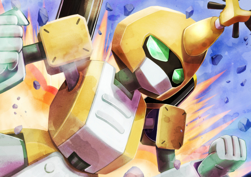 blue_background clenched_hands debris explosion flying green_eyes highres mecha mecha_focus medarot metabee no_humans no_mouth robot solo teikuu_hikou