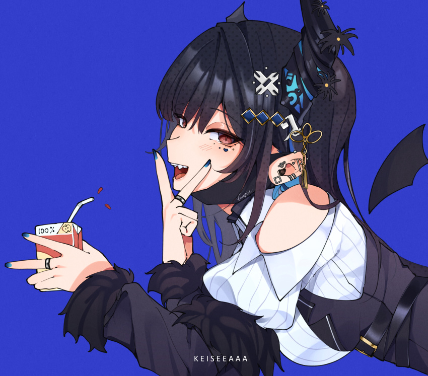 1girl asymmetrical_horns bare_shoulders black_hair black_mask blue_hair breasts colored_inner_hair demon_horns fur_trim hair_ornament highres hololive hololive_english horns juice_box keisea long_hair looking_at_viewer lying mask mask_removed mole mole_under_eye mouth_mask multicolored_hair nerissa_ravencroft on_stomach red_eyes smile two-tone_hair uneven_horns virtual_youtuber