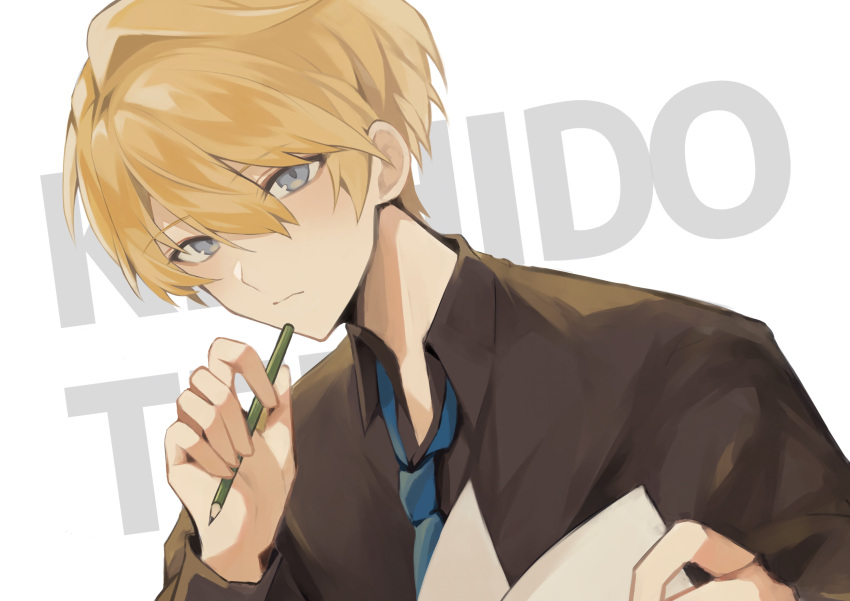 1boy absurdres black_shirt blonde_hair blue_eyes blue_necktie character_name hair_between_eyes highres holding holding_paper holding_pencil holostars kishido_temma looking_at_viewer male_focus mg_ytm necktie paper pencil shirt short_hair simple_background solo upper_body virtual_youtuber white_background