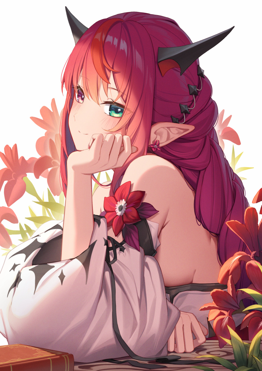 1girl absurdres alternate_costume alternate_hairstyle blush book braid breasts demon_horns detached_sleeves earrings erezu flower green_eyes hair_ornament hand_rest heterochromia highres hololive hololive_english horns irys_(hololive) jewelry light_smile looking_to_the_side magenta_hair multicolored_hair pointy_ears redhead sideboob sidelocks simple_background single_earring solo streaked_hair upper_body violet_eyes wide_sleeves