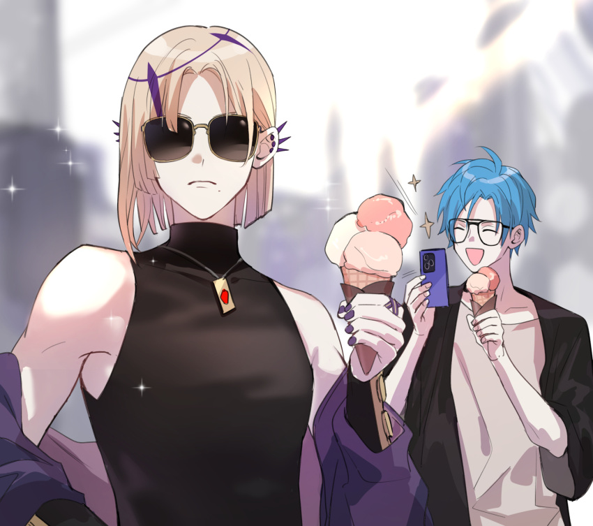 2boys black-framed_eyewear blonde_hair blue_hair blurry blurry_background expressionless food happy highres holding holding_food holding_ice_cream holding_phone holostars holostars_english ice_cream isal_(lasi) jacket jewelry looking_at_another looking_at_viewer magni_dezmond male_focus mole mole_under_mouth multiple_boys necklace open_mouth phone purple_jacket purple_nails regis_altare short_hair simple_background sleeveless sparkle spiked_ear_piercing sunglasses upper_body virtual_youtuber