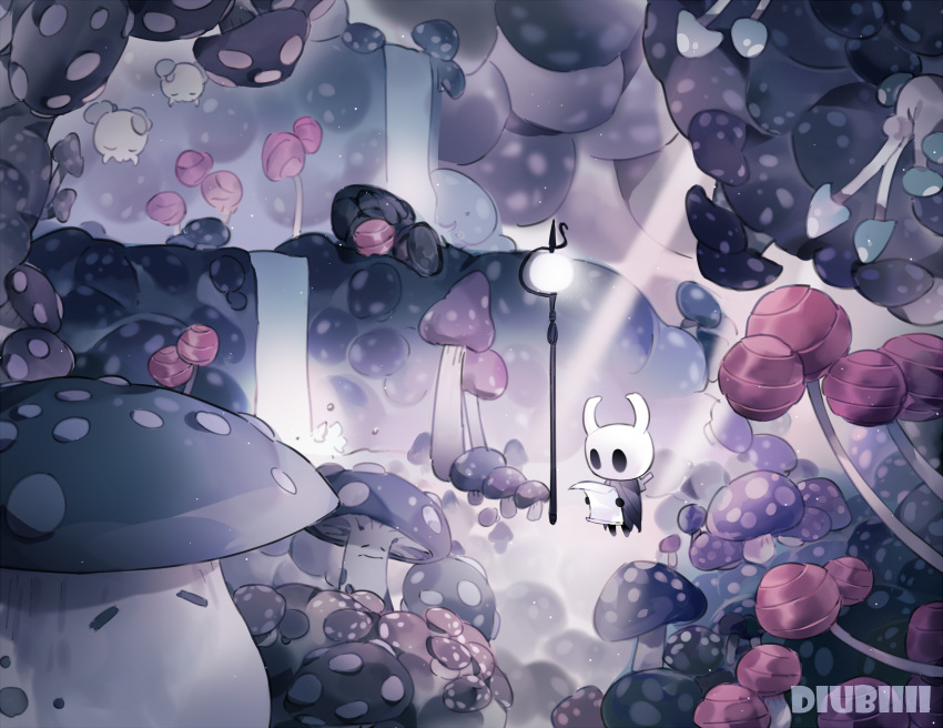 artist_name bug cave cloak diubiiii full_body grey_cloak highres holding holding_map hollow_eyes hollow_knight horns knight_(hollow_knight) map mushroom nail_(hollow_knight) no_humans standing water waterfall weapon