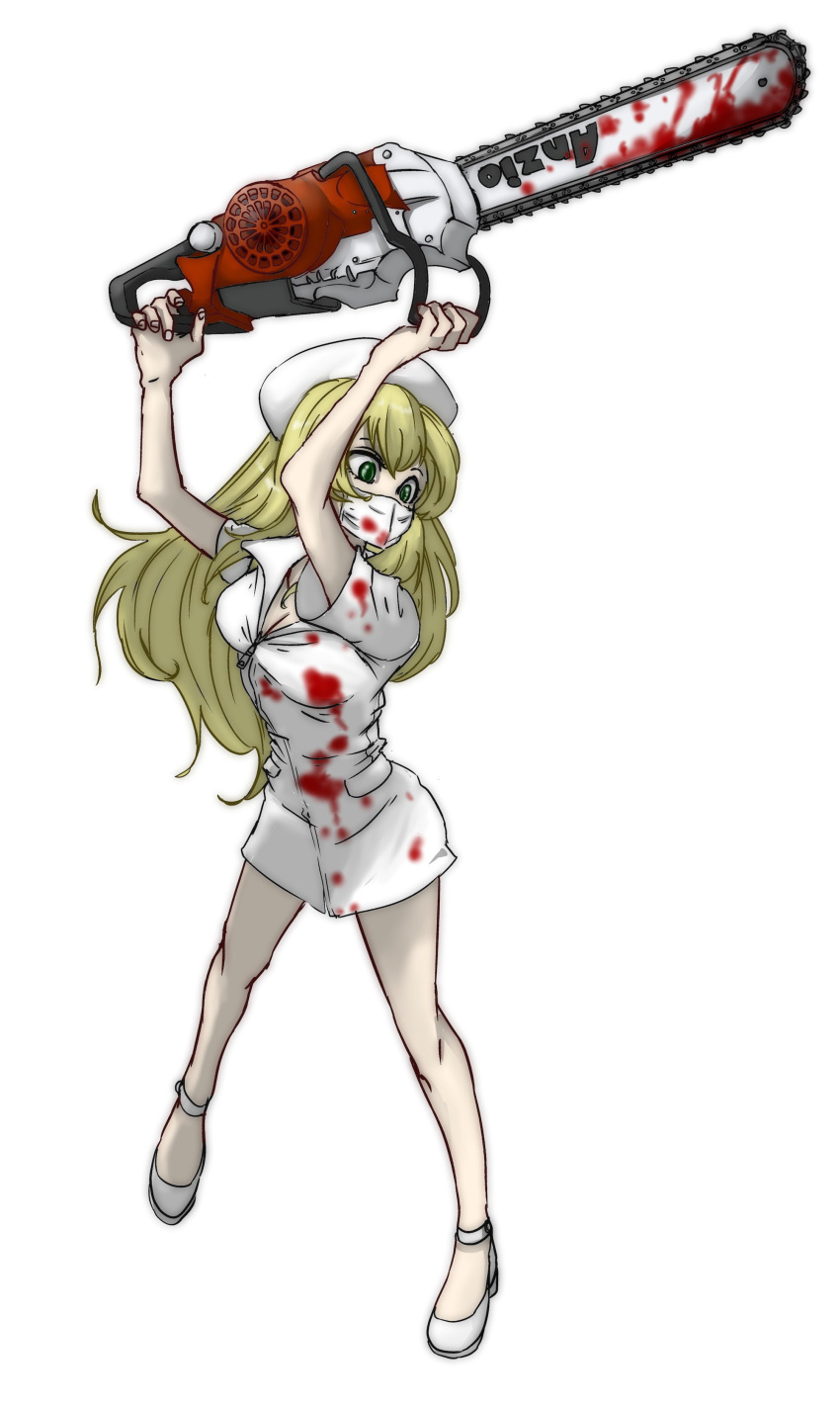 1girl absurdres arms_up bare_legs blonde_hair blood blood_on_clothes blood_on_mask blood_on_weapon carpaccio_(girls_und_panzer) chainsaw collared_dress commentary dress full_body girls_und_panzer green_eyes halloween halloween_costume hat high_heels highres holding holding_weapon long_hair looking_to_the_side mask mouth_mask nurse nurse_cap short_dress short_sleeves simple_background skrmtl solo standing weapon white_background white_dress white_footwear white_headwear