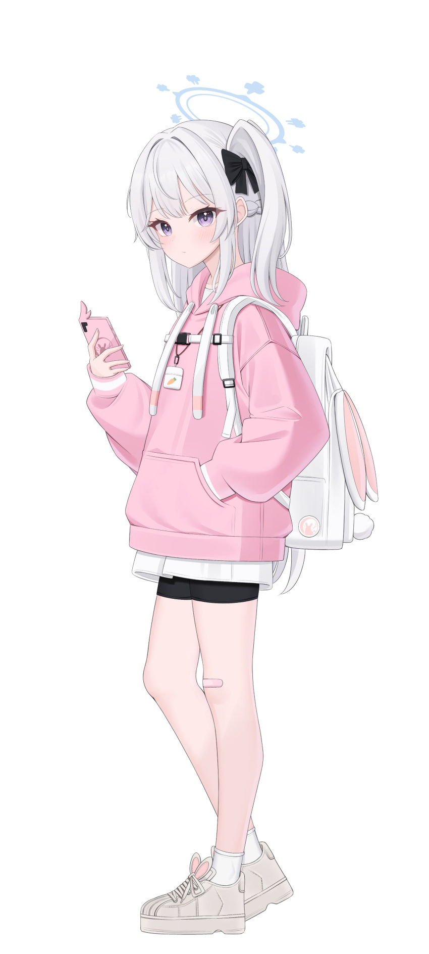 1girl absurdres alternate_costume backpack bag bike_shorts black_bow black_shorts blue_archive bow cellphone closed_mouth cross-laced_footwear expressionless full_body hair_bow halo hand_in_pocket highres hiyayo25 holding holding_phone hood hoodie long_hair long_sleeves looking_at_viewer miyako_(blue_archive) one_side_up phone pink_hoodie shoes shorts sidelocks simple_background smartphone socks solo standing violet_eyes white_background white_bag white_hair white_socks
