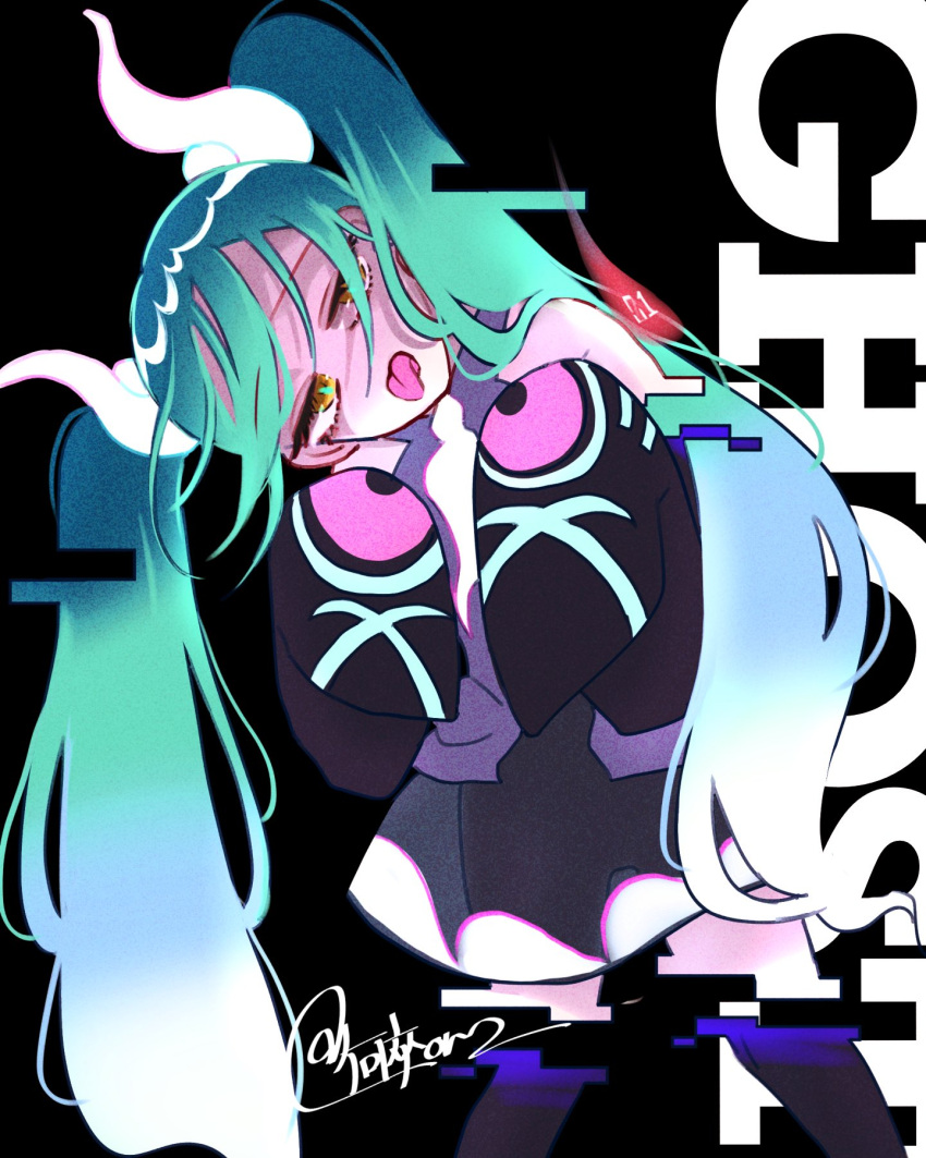 1girl bare_shoulders black_background black_skirt black_sleeves black_thighhighs blue_hair detached_legs detached_sleeves ghost_miku_(project_voltage) glitch gradient_hair grey_shirt hair_between_eyes hands_up hatsune_miku highres long_hair looking_at_viewer multicolored_hair nanitozo necktie pale_skin pokemon print_sleeves project_voltage see-through see-through_skirt shirt signature skirt sleeveless sleeveless_shirt sleeves_past_fingers sleeves_past_wrists solo standing thigh-highs tongue tongue_out twintails very_long_hair vocaloid white_hair white_necktie will-o'-the-wisp_(mythology) yellow_eyes