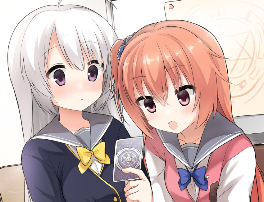 2girls :d ahoge ayachi_nene black_jacket blue_bow blue_scrunchie blush bow card commentary eyelashes friends grey_hair grey_sailor_collar hair_between_eyes hair_ornament hair_scrunchie highres holding holding_card inaba_meguru indoors jacket leaning_forward long_hair looking_at_another looking_at_object multiple_girls nose_blush one_side_up open_mouth orange_hair parted_lips pink_jacket red_eyes sailor_collar sanoba_witch school_uniform scrunchie side-by-side smile straight_hair sweatdrop takepoison upper_body violet_eyes white_sleeves yellow_bow