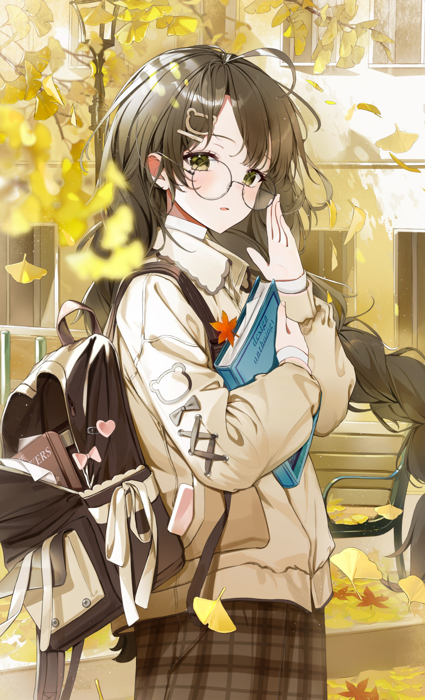 1girl absurdres adjusting_eyewear ahoge autumn autumn_leaves backpack bag bench black_hair blurry blurry_foreground book book_hug braid braided_ponytail brown_skirt brown_sweater building commentary day eumi_114 falling_leaves floating_hair ginkgo_leaf glasses green_hair hair_ornament hairclip heart highres holding holding_book hugging_object lamppost leaf light_blush long_hair long_sleeves looking_at_viewer low_ponytail original outdoors park_bench parted_lips plaid plaid_skirt puffy_long_sleeves puffy_sleeves round_eyewear skirt solo sweater symbol-only_commentary very_long_hair