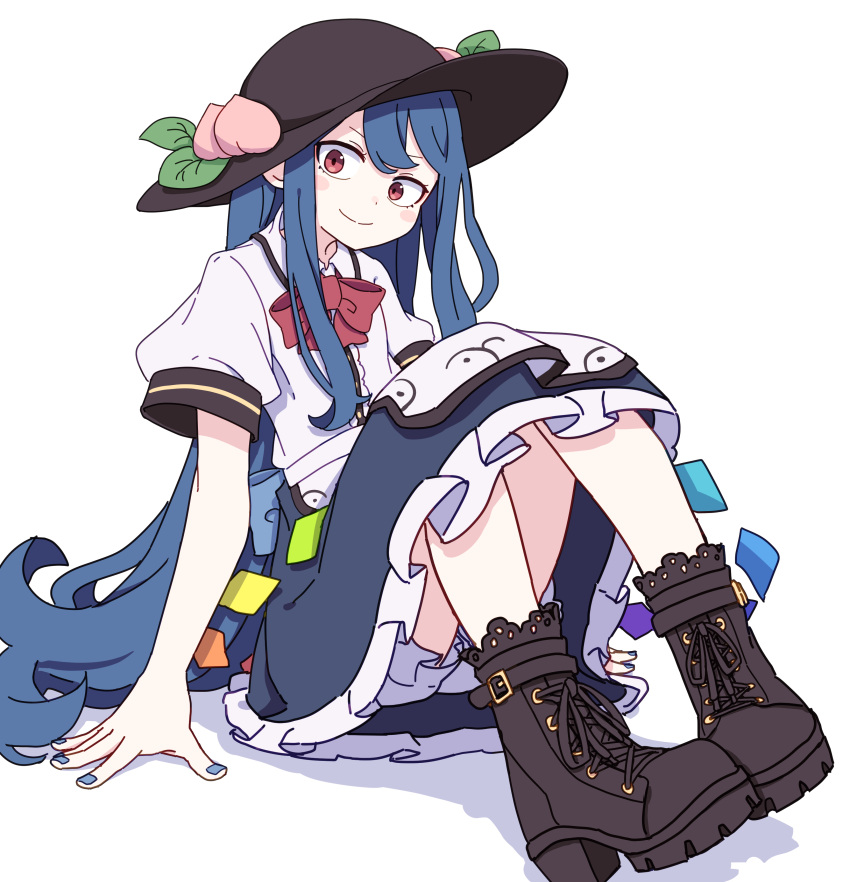 1girl absurdres black_headwear bloomers blue_hair blue_nails blue_skirt blush_stickers boots brown_footwear closed_mouth collared_shirt commentary fingernails frilled_skirt frills fruit_hat_ornament full_body hat hat_ornament highres hinanawi_tenshi kame_(kamepan44231) long_hair nail_polish peach_hat_ornament red_eyes shirt short_sleeves simple_background skirt smile solo touhou underwear white_background white_bloomers white_shirt