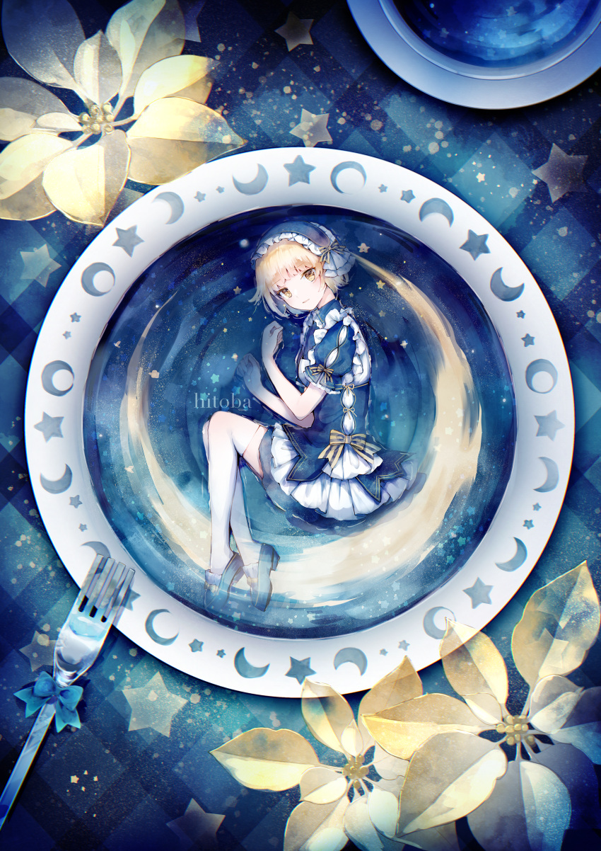 1girl absurdres artist_name blonde_hair blue_bow blue_dress blue_footwear blue_hairband blue_theme bow bowl crescent crescent_moon cup curled_fingers dress fetal_position flower footwear_bow fork frilled_dress frilled_hairband frilled_shirt_collar frilled_sleeves frills from_above gingham hairband highres hitoba legs lolita_hairband looking_at_viewer lying moon on_side open_mouth original plantar_flexion puffy_short_sleeves puffy_sleeves ribbon shoes short_hair short_sleeves sky solo star_(sky) star_(symbol) starry_sky striped striped_bow thigh-highs white_thighhighs yellow_bow yellow_eyes yellow_flower