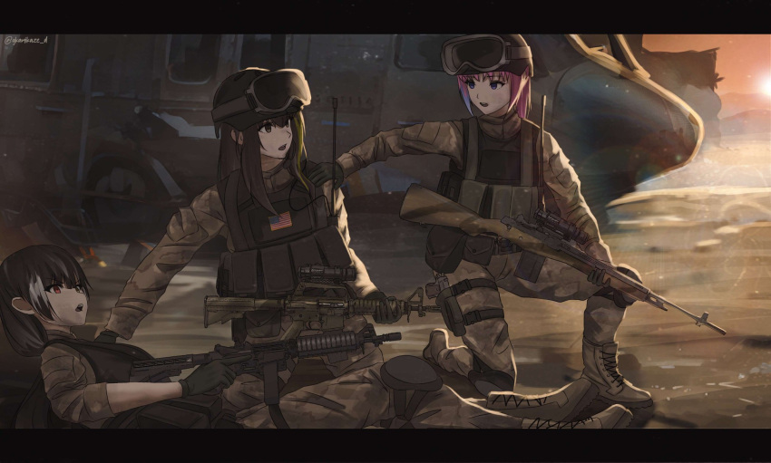 3girls aircraft american_flag assault_rifle black_gloves black_hawk_down brown_eyes brown_hair bulletproof_vest combat_helmet commentary commission dgkamikaze english_commentary girls_frontline gloves green_hair gun hand_on_another's_shoulder handgun helicopter helmet heterochromia highres holding holding_gun holding_weapon holster long_hair long_sleeves looking_at_another m4a1_(girls'_frontline) military_uniform multicolored_hair multiple_girls open_mouth pink_hair red_eyes rifle ro635_(girls'_frontline) st_ar-15_(girls'_frontline) streaked_hair sunset thigh_holster two-tone_hair uniform violet_eyes weapon white_hair yellow_eyes