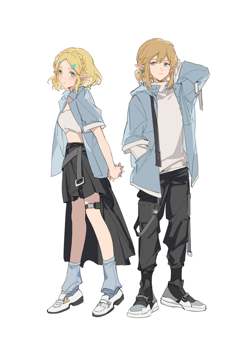 1boy 1girl :| absurdres alternate_costume arm_up arms_behind_back black_pants black_skirt blonde_hair blue_jacket braid breasts buttons closed_mouth crop_top earrings full_body green_eyes grey_eyes highres jacket jewelry light_blush link long_sleeves looking_at_viewer medium_breasts midriff open_clothes open_jacket pants pointy_ears princess_zelda shirt short_hair short_sleeves simple_background skirt socks standing the_legend_of_zelda white_background white_footwear white_shirt yuno_11_02